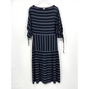 WARM Gypsy Midi Dress Womens XS Navy Striped Boat Neck Ruched Sleeve Wool Blend